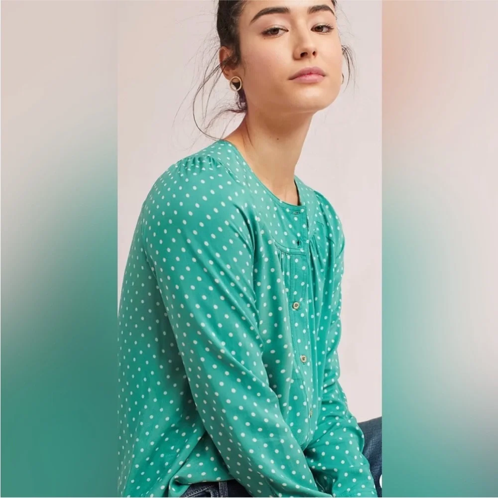 Anthropologie Maeve Teal Polka Dot Asbury Printed Button Down Blouse Size Small - Picture 1 of 11